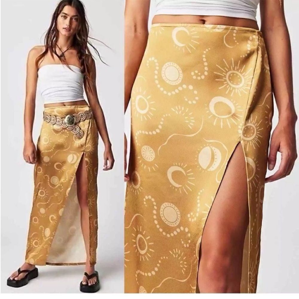 New Free People Serena Slim Maxi Skirt Gold Sun Moon Size Size 8